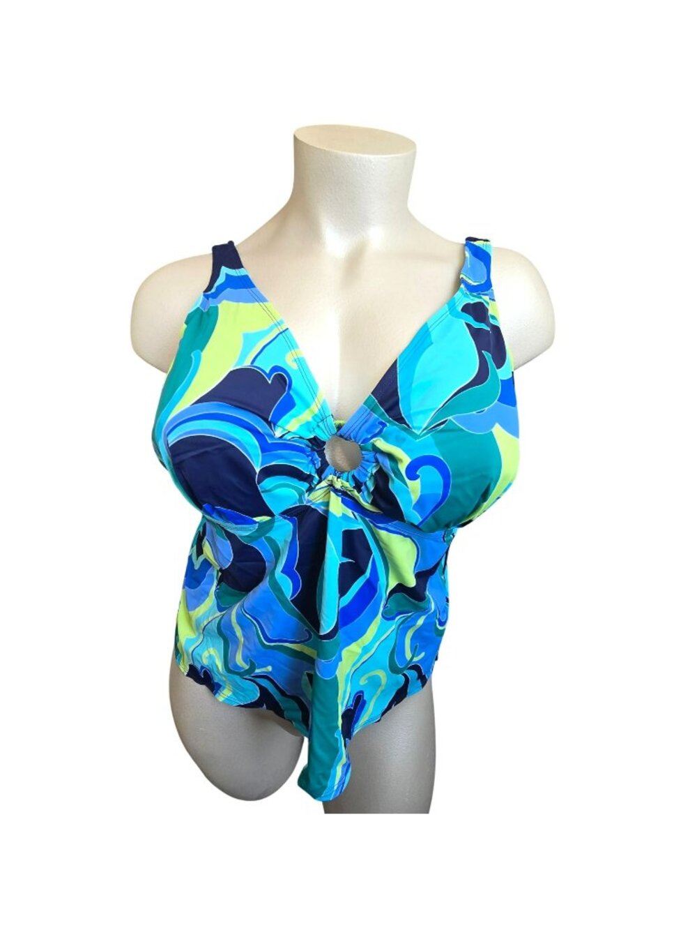 Avenue Tankini Swim Top Blue & Green Swirl-Print Keyhole Front Size 28 JJ4310